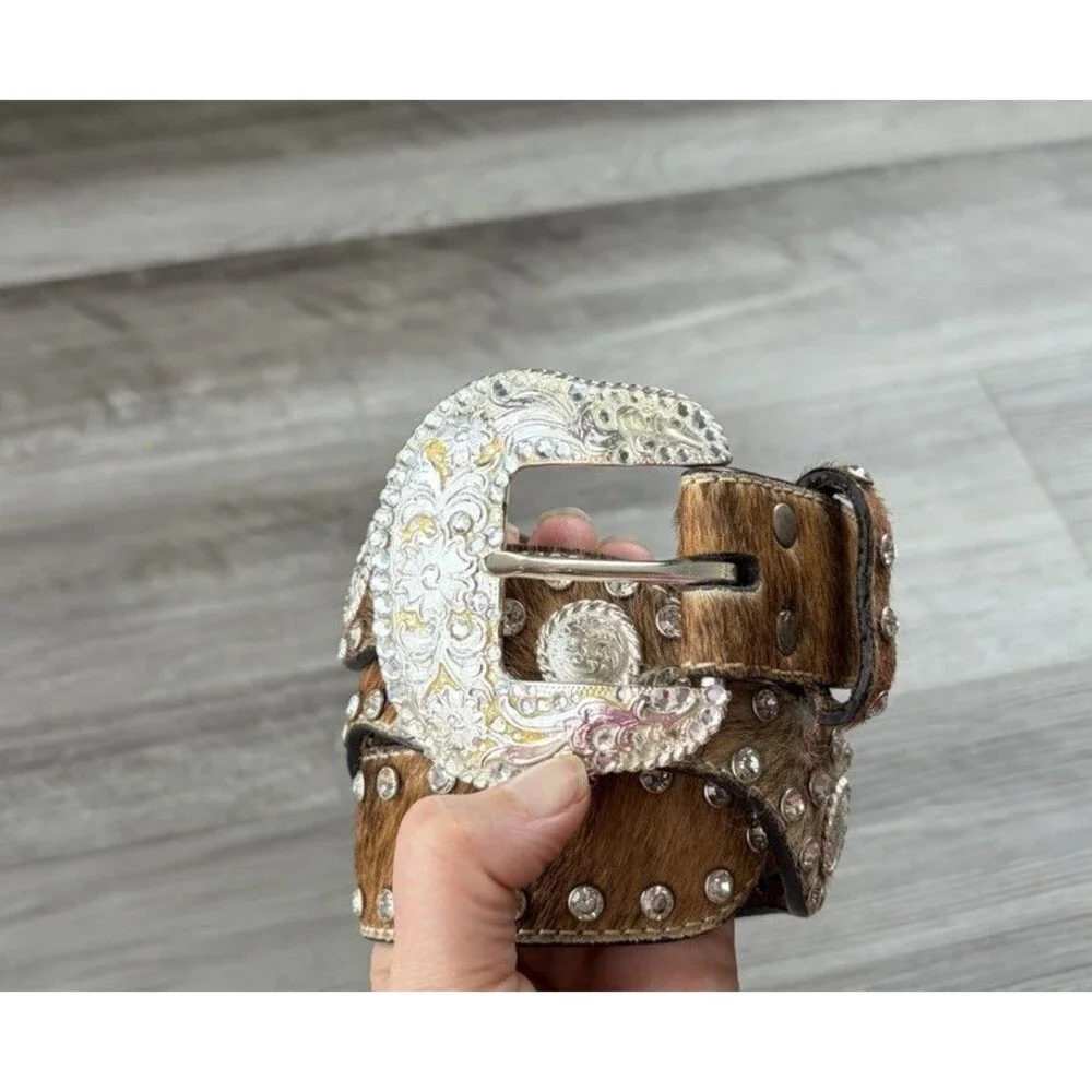 Nocona Womens Western Belt Hair On Hide Leather Rhinestone Concho Silver Small S